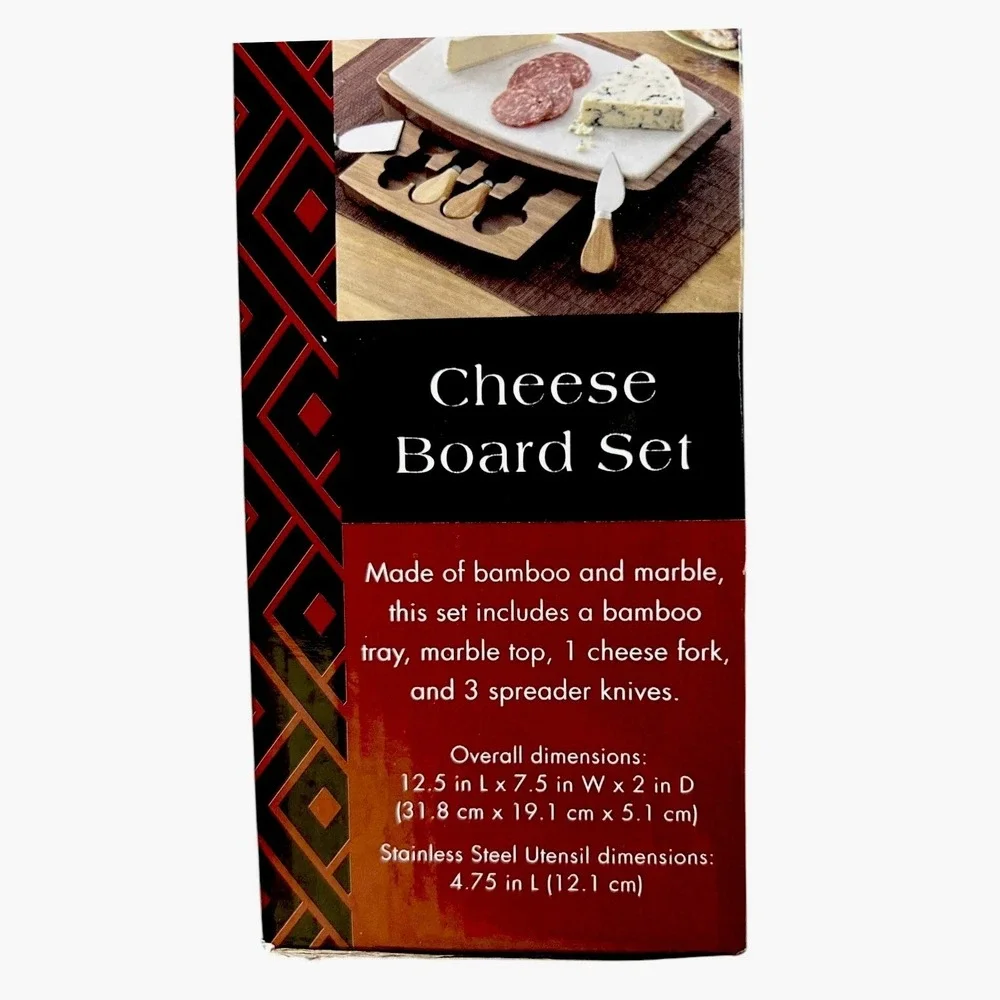 B. SMITH Cheese Board Set - Bamboo Marble w/ Hidden Drawer & 4 Utensils NIB